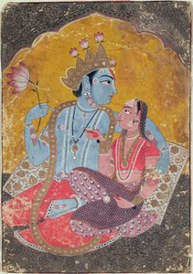 Krishna a Radha, kolem 1690-1700 (neprůhledné wc s reliéfním zlatem na papíře) od Indian School