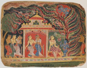 Krišnu unášel Vichřicí démon z Bhágavata Purány. c.1520-30 (neprůhledné wc na papíře) od Indian School