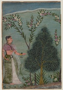 Dáma v divočině, fragment stránky ze série Bhagavata Purana, cca 1590-1600 (wc a zlato na papíře) od Indian School
