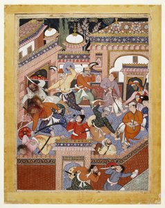 Vedení Songhurem Balkhim a Lulu the Spy, Ayyars Slit the Throats of Prison Guards and Free Said Farrukh-Nizhad, 1557-1572 (neprůhledný akvarel a zlato na bavlněné látce) od Indian School