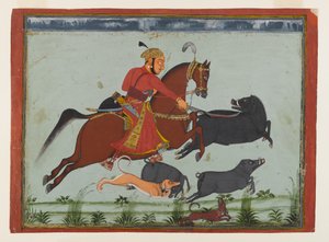 Maharaja Pratap Singh II z Mewar Hunting Boar, cca 1750-75 (akvarel, zlato a stříbro na papíře) od Indian School