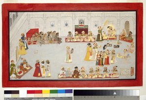 Maharana Sangram Singh se svými dětmi a dvořany, kolem 1715 (neprůhledné wc a zlato na papíře, připevněno na stránce alba) od Indian School