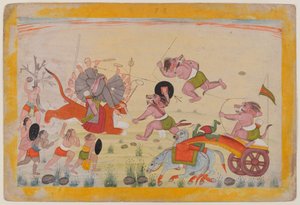 Mahasura útočí na Devi, folio z rozptýlené série Devi Mahatmya, kolem 1770-80 (wc na papíře) od Indian School