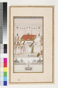 Manohar se zhroutí do náruče svého otce, kolem roku 1710 od Indian School