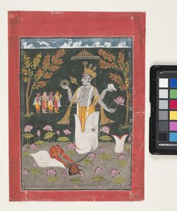 Matsya Avatar Of Vishnu: The Slaying Of Sankh Asura (kvaš a plátek zlata na papíře) od Indian School