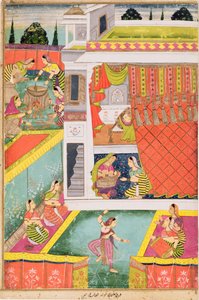 Miniaturní malba oslavující narození dítěte, možná Aurangabad, Deccan (neprůhledné minerální barvy na lesklém papíře) od Indian School