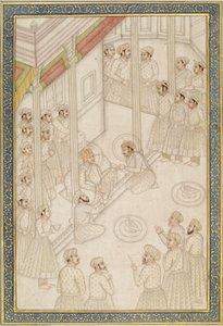 Mughalský císař Akbar držící soud během své poslední nemoci, polovina 18. století (list alba; pigment se zlatem na leštěném papíře) od Indian School