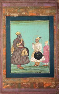 Murtaza Nizám Šáh s černým vezírem, pravděpodobně Malikem Ambarem, a mladším mužem, asi 1680 (neprůhledný akvarel a zlato na papíře) od Indian School