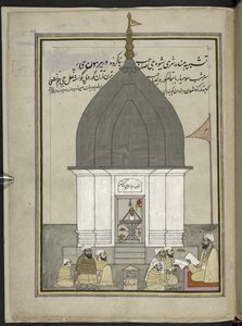 Kněz a věřící v chrámu Shiva, Srinagar,  86 kreseb svázaných do svazku zachycujících řemesla a povolání v Kašmíru, řemeslníci jsou zobrazeni při práci s jejich nářadím a vybavením,  Kašmírským umělcem, pravděpodobně ve Šrínagaru, kolem 1850-60 (go od Indian School