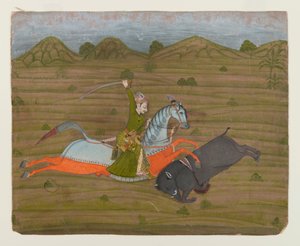 Prince Hunting Wild Boar (Miniaturní malba), 1765 (neprůhledné wc a zlato na papíře) od Indian School
