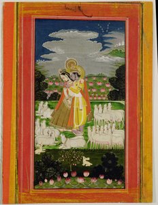 Rádha a Krišna se objímají v idealizované krajině s krávami, kolem roku 1780 (neprůhledné wc na papíře) od Indian School
