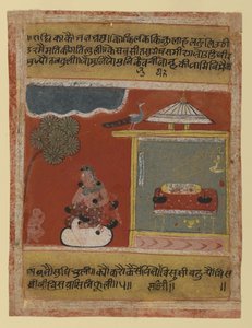 Radha touží po svém milovaném, stránka z datované série Rasikapriya, 1634 (neprůhledné wc a zlato na papíře) od Indian School