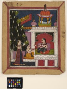 ? Raga: Klečící muž nabízí knihu dámě v pavilonu, cca 1800 (neprůhledný akvarel na papíře) od Indian School