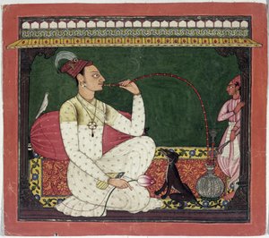 Raja Medini Pal, inspirovaný řekami v Takri Postavy Bilauria Medini Pal, Basohli, Himáčalpradéš, škola Pahari, 1735 od Indian School