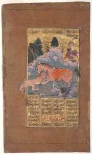 Rakhsh bojuje se lvem, aby ochránil Rustama, kolem roku 1610 (neprůhledné wc a zlato na papíře) od Indian School