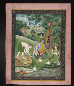 Ráma, Lakšmana a Síta vaří a jedí v divočině, kolem roku 1820 (kvaš se zlatem na papíře) od Indian School