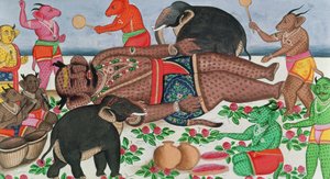 Scéna Rámayana: skupina démonů probouzejících svého prince v hibernaci (kvaš a wc na papíře) od Indian School