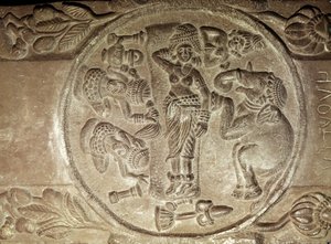 Reliéf zobrazující Mayův sen z buddhistické stúpy z Bharhut, Madhjapradéš, pozdní období Mauryan, dynastie Sunga (180–72 př.nl)