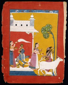 Rukmini nabízí vodu mudrci Náradovi, zatímco její choť Krišna sedí v jejím domě, kolem 1725-1730 od Indian School