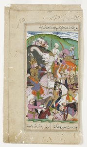Rustam používá lasa Khaqana z Číny a táhne ho z jeho bílého slona, kolem roku 1790 (neprůhledný akvarel a zlato) od Indian School