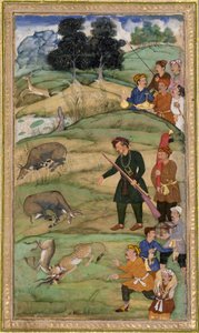 Salim, držící pušku, ukazuje na mrtvého nilgaie, cca 1600 (neprůhledné wc a zlato na papíře) od Indian School