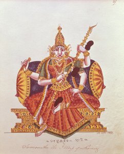 Saratheswathee, hinduistická bohyně učení, se singhalským a anglickým nápisem (wc na papíře) od Indian School