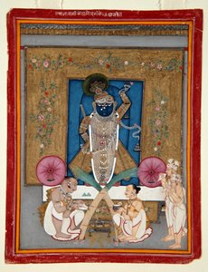 Adoration of Krishna as Shrinath ji, 1800-25 (neprůhledné wc a zlato na papíře) od Indian School