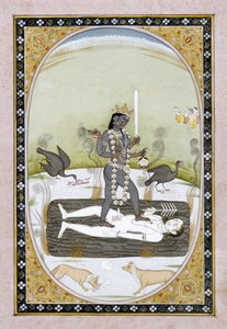 Bohyně Kálí znázorněná na malbě Kangra, Himáčalpradéš, cca 1820-5 (neprůhledný akvarel a zlatá barva na papíře) od Indian School