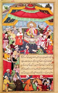 Král na svém trůnu obklopený svými dvořany, z Baburnama (Baburovy paměti) 1530 od Indian School