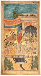 Sňatek Tana Shah v obřadu Jalwa, 1679 (neprůhledné wc a zlato na papíře) od Indian School