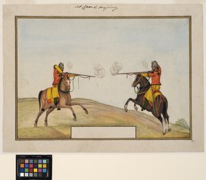 Dva jízdní vojáci si vyměňují střelbu z pušek, cca 1830 (neprůhledný akvarel a zlato na papíře) od Indian School