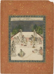 Dvě ženy sedící na terase, obklopené obsluhou a hudebníky, kolem 1650 (neprůhledné wc a zlato na papíře) od Indian School