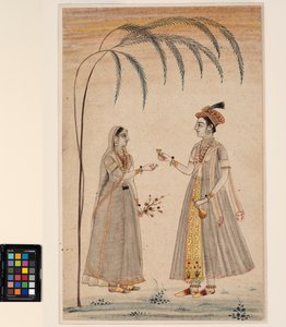 Dvě ženy pod stromem, cca 1750 (neprůhledný akvarel a zlato na papíře) od Indian School