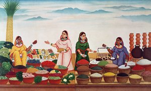Trh se zeleninou a kořením v Benares, kolem roku 1840 od Indian School