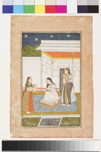 Vilaval Ragini z Hindolu, kolem roku 1745 (neprůhledný akvarel a zlato na papíře, připevněno na stránce alba) od Indian School
