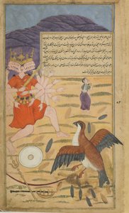 1. díl, fol.132 Sup Jatayus vyslyší Sitasovu prosbu a dá se do boje s Ravanou (neprůhledný akvarel, tuš a zlato na papíře) od Indian School