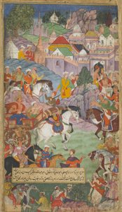 Vol.1 fol.20 Dasaratha se vydává směrem k Angadě, aby pozval Rsyasrngu do svého příbytku (neprůhledné wc, inkoust a zlato na papíře) od Indian School