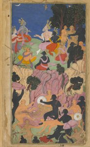 Vol.2 fol.194 Ráma jedná s náčelníky Vanary na hoře Suvela (neprůhledný akvarel, inkoust a zlato na papíře) od Indian School