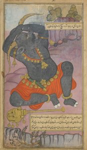 Vol.2 fol.208 Kumbhakarna zívá, když se probouzí ze spánku (neprůhledný akvarel, inkoust a zlato na papíře) od Indian School
