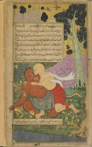 Vol.2 fol.220 Sugriva získává svou svobodu náhlým zmrzačením Kumbhakarny (neprůhledný akvarel, inkoust a zlato na papíře) od Indian School