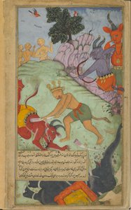 Vol.2 fol.227 Angada srazila Devantaka klem utrženým ze slona Mahodaras (neprůhledný akvarel, inkoust a zlato na papíře) od Indian School