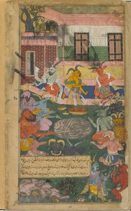Vol.2 fol.246 Indrajita nabízí oběti k zajištění vítězství nad Rámou a Laksmanou (neprůhledný akvarel, inkoust a zlato na papíře) od Indian School