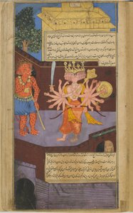 Vol.2 fol.305 Ravana narazí na děsivého strážce dveří v paláci Valis (neprůhledný akvarel, inkoust a zlato na papíře) od Indian School