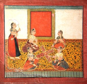 Ženy hrající Parcheesi, sedící na žluté vzorované podlaze, cca 1725 (neprůhledné wc a zlato na papíře) od Indian School