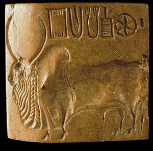 Pečeť býka zebu s písmem Indus Nalezeno v Mohenjo Daro, údolí Indus, 3. tisíciletí před naším letopočtem. od Indus Valley Civilisation.