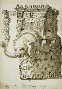Design pro sloní průvod (pero a inkoust na papíře) od Inigo Jones