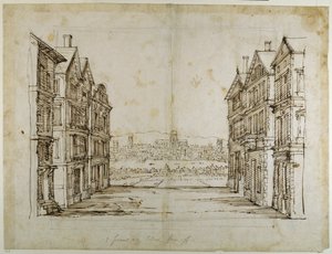 Anglické domy s Londýnem a Temží daleko (pero a inkoust na papíře) od Inigo Jones