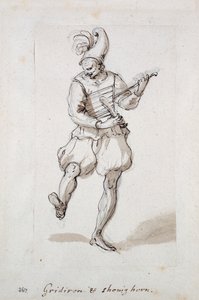 Muž s roštem a rohem na boty (pero a inkoust na papíře) od Inigo Jones