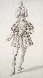 Maska s peřím a chocholem (pero a inkoust na papíře) od Inigo Jones