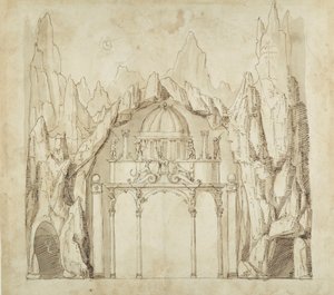 Palác v jeskyni, cca 1611 (pero a inkoust na papíře) od Inigo Jones